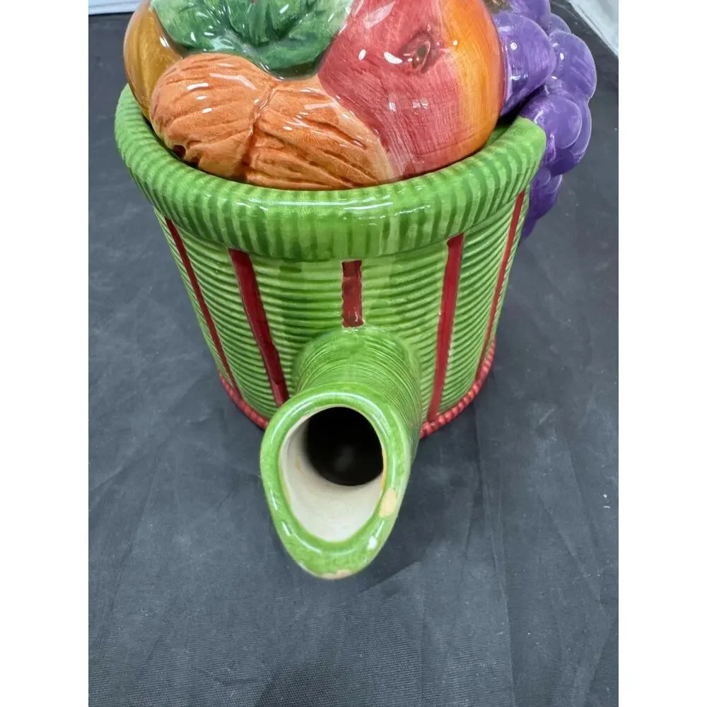Vintage Cooks Club Ceramic Basket of Fruit Teapot Wicker Basketweave Harvest 6